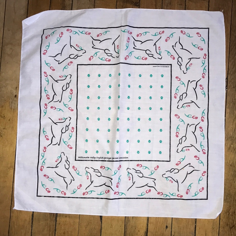 White Bandana Scarf with Teal Polka-Dots and Black‎ Line Art